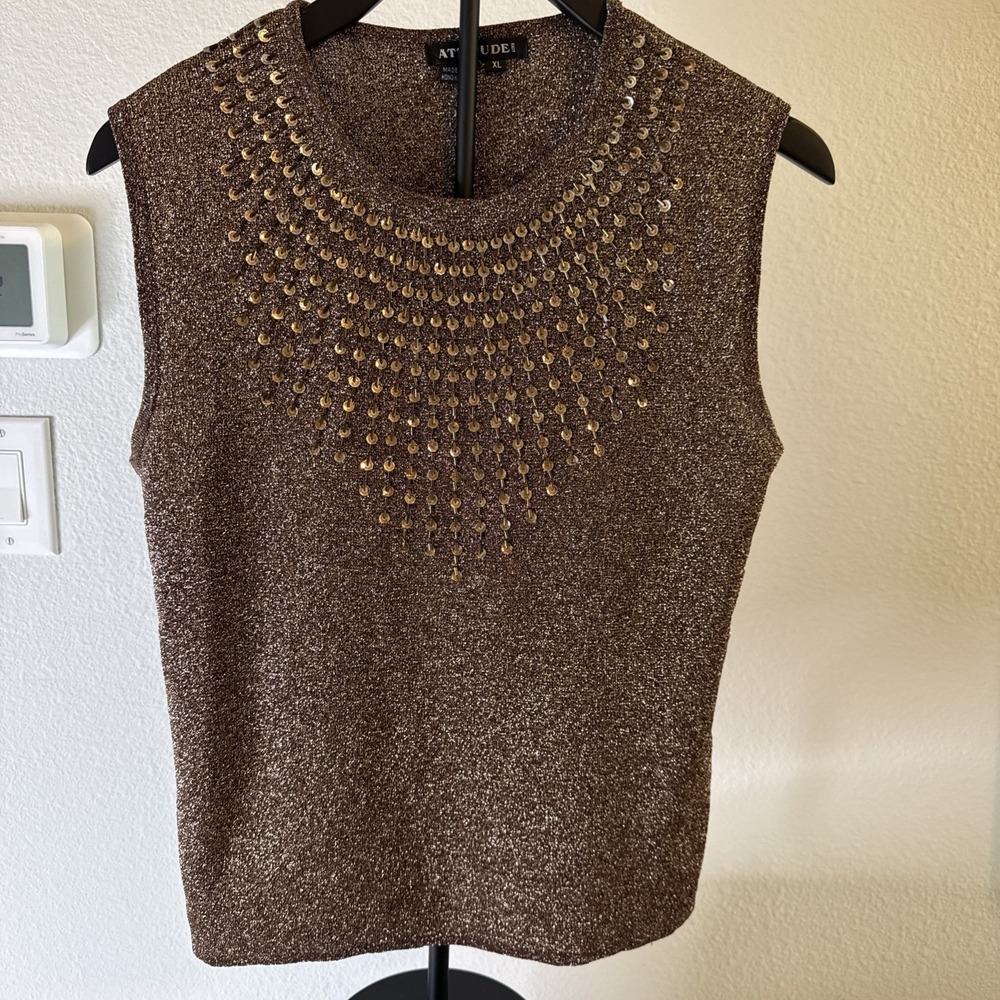 Attitude‎ Knit Women's Sparkly Brown Top Size XL